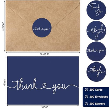 Teling 200 Set Thank You Cards with Envelopes Bulk, 6 x 4 Inch Blank Thank U Greeting Notes with Brown Kraft Envelopes Stickers Thankyou Card Set for Graduation Wedding Birthday Baby Shower(Navy Blue) - color: Navy Blue