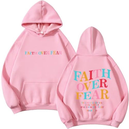 Faith Over Fear Hoodie Womens Christian Graphic Cute Hoodies Cotton Blend Sweatshirt Casual Tops - color: Pink, size: Large