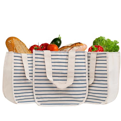 Best Canvas Grocery Shopping Bags - Cloth Grocery Tote Bags - Reusable Cotton Grocery Tote Bags with Bottle Sleeves - color: Blue Stripes