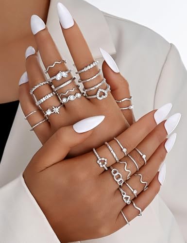 Gold Stackable Rings Set for Women, Gold Plated Chunky Crystal Finger Rings - color: Silver Thin Rings