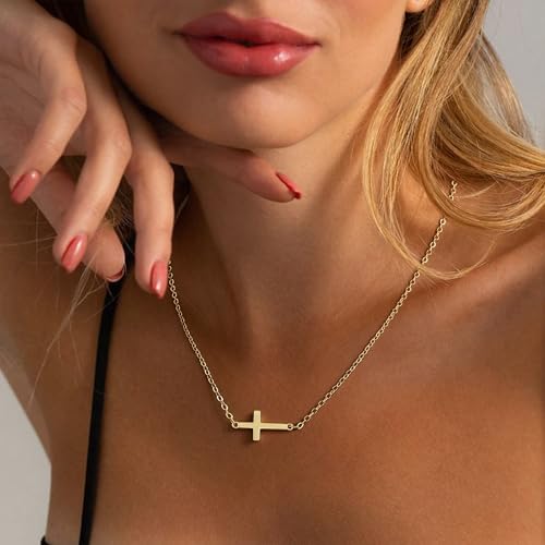 Cross Necklace for Women 14K Gold Silver Plated Small Cross Necklace Dainty Cross Pendant Choker Simple Trendy Cute Sideway Cross Charm Chain Necklaces for Women Trendy Christian Baptism Religious Faith Jewelry Gifts - size: Gold-214
