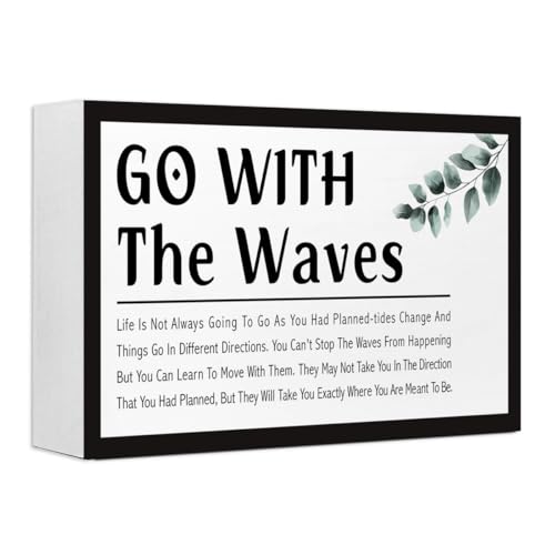 Go With the Waves Inspirational Wood Box Sign,Motivational Quote Wooden Block Sign Desk Decor for Home Office Bedroom Shelf Tabletop Decor - style: Go With the Waves