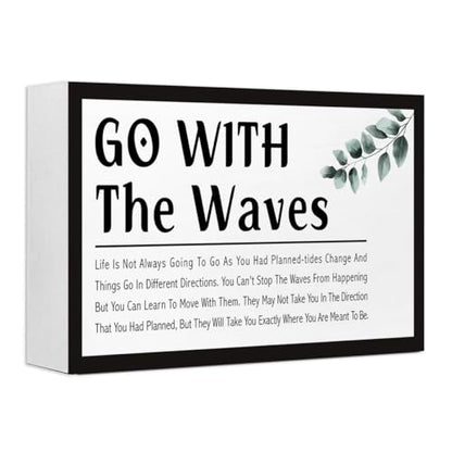 Go With the Waves Inspirational Wood Box Sign,Motivational Quote Wooden Block Sign Desk Decor for Home Office Bedroom Shelf Tabletop Decor - style: Go With the Waves