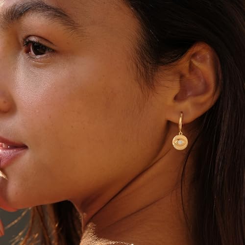 VACRONA Gold Heart Hoop Earrings Huggie Earrings for Women 14k Gold Plated Small Hoops Earrings - color: cz evil eye