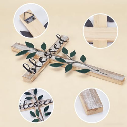 PH PandaHall Decorative Wood Cross with Black Leaf Wall Cross Art 16" H Farmhouse Crosses Christian Rustic Farmhouse Crosses Decor for Home Easter Decor Inspirational Gift for Her