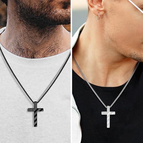 Romass Cross Necklace for Men Boys - 316L Stainless Steel Bible Verse Religious Pendant, Christian Jewelry Gifts for Son Husband, Graduation Gifts, Adjustable 22+2 inch Chain - color: Silver+Black, style: 2Pcs 3:1