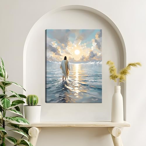 Jesus Canvas Wall Art, Christian Wall Decor of Jesus Walking on Water, Inspirational God Picture for Living Room, Prayer Room or Church, Catholic Religious Artwork – 12"x16" Framed - color: Jesus Hopes, size: 16"L x 12"W