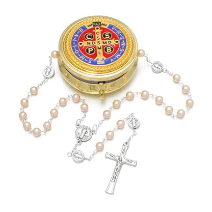 KOMI 6mm Glass Pearl Rosary Beads Catholic for Women with Metal Rosary Box Religious Gifts - style: St Benedict-pink