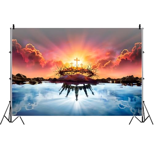 Renaiss 10x7ft Resurrection of Jesus Backdrop Reflection of Holy Light Sky on Water Photography Background Crown of Thorns Easter Banner Church Event Christian Party Decoration Photo Booth Props - size: 10x7ft