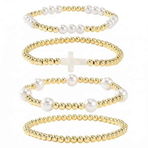 Gold Beaded Bracelets Stack for Women Stackable 14K Gold Plated Beads Ball Cross Bracelet Boho Christian Jewelry Faith Friendship Birthday Gifts for Women - color: White Cross