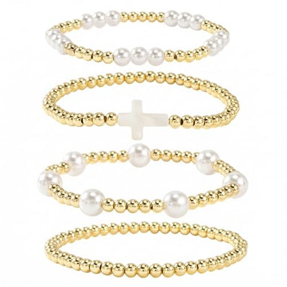 Gold Beaded Bracelets Stack for Women Stackable 14K Gold Plated Beads Ball Cross Bracelet Boho Christian Jewelry Faith Friendship Birthday Gifts for Women - color: White Cross