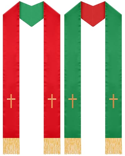 Eurzom 2 Pcs Reversible Clergy Stole with Cross Tassels - color: Red,green