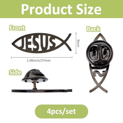SUPERFINDINGS 4Pcs 304 Stainless Steel Lapel Pin Backs Jesus fish brooch Cartoon Fish Pin Christian Jewelry for Coat Shirt Suit Collar Accessories Gift - color: Black
