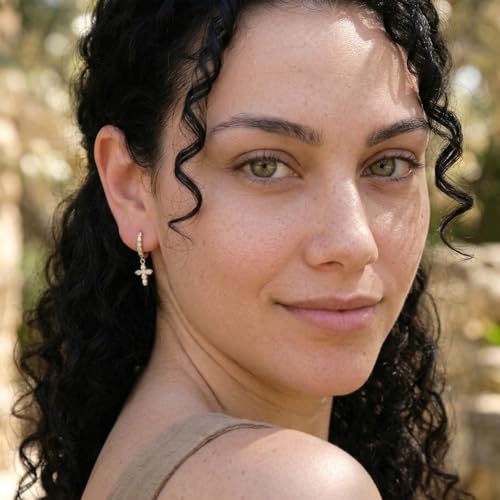 14K Gold Plated Cross Earrings for Women – Hoop Huggie Dangle Earring – Stainless Steel, Hypoallergenic, Lightweight CZ, Water‑Resistant & Tarnish‑Resistant Everyday Jewelry
