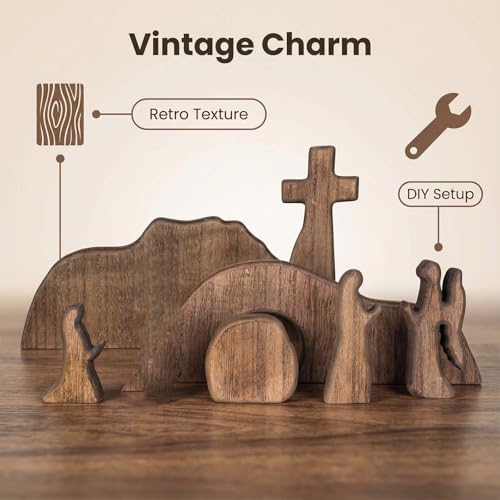 Wooden Nativity Set Easter Resurrection Scene Cross Decor