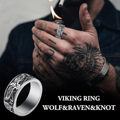 Viking Rings Stainless Steel Viking Norse Runes Wolf Raven Ring Jewelry for Men Women Size 7/8/9/10/11/12/13 - style: Viking Wolf&Raven