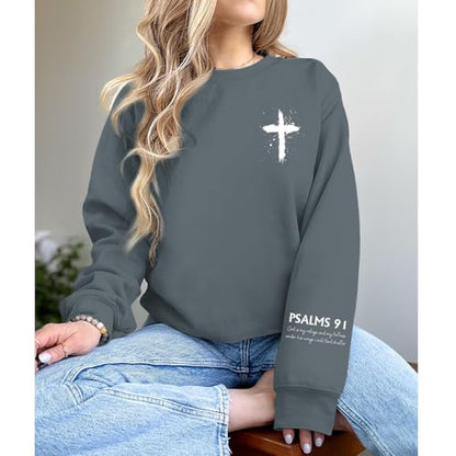 Women Christian Sweatshirt Psalms 91 Jesus Hoodie Religious Faith God Shirt Bible Verse Inspirational Pullover Tops - color: Deep Gray, size: X-Large
