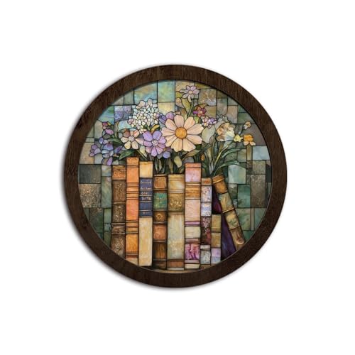 CFFJLHN Vintage Floral Book Wall Art Decor, Book Lovers Gifts, Light Academia Flower Bookish Round Hanging Wall Decor for Reading Corner Nook Room Home Library Bedroom, 10x10 Inch - color: Book