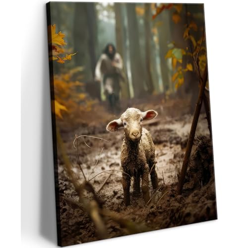 Jesus and Lamb Canvas Wall Art Jesus Running After Lost Sheep Wall Decor Christian Baptism gifts Lamb of God Painting Poster Print Artwork for Living Room Bedroom Church Decor 16X24 in canvas - color: Jesus02, size: 16"L x 24"W