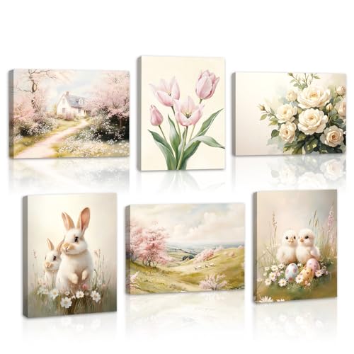 HOURIA 6Pcs Framed Spring Canvas Wall Art(8”x10”), Eggs Bunny Chicks Easter Wall Decor, Vintage Spring Tulip Floral Wildflowers Cottage Landscape Art Prints for Farmhouse Living Room Bedroom Nursery - color: Spring Rabbit Canvas Wall Art, size: 8X10inches