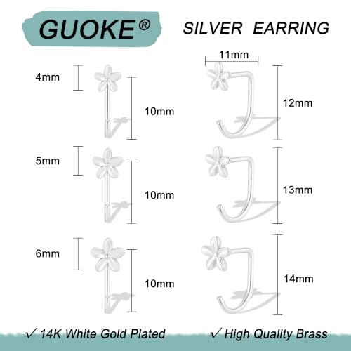 3 Pairs Backless Earrings for Women, Stay Close Half Hoop Earrings - color: Silver-Flower 4/5/6mm