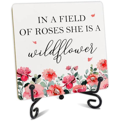 Country in a Field of Roses She is a Wildflower Table Wood Plaque Sign, Elegant Graphic Flower Wood Plaque Sign With Stand, Inspirational Desk Decor for Home Live Room Office Table Shelf - style: I