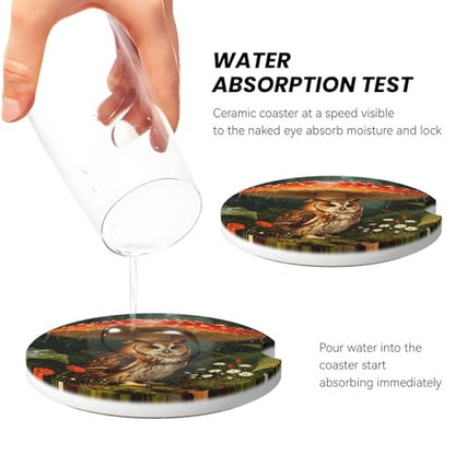 Owl Under Mushroom Car Cup Holder Coasters Absorbent Ceramic Coaster - color: Black