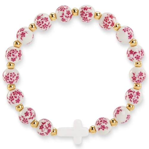 Cross Bracelet for Women - Christian Cross Beaded Bracelet Religious Jewelry for Women, Catholic Confirmation Gifts Inspirational Stretch with Charm, Meaningful Confirmation Jewelry Gifts - color: Rose Red