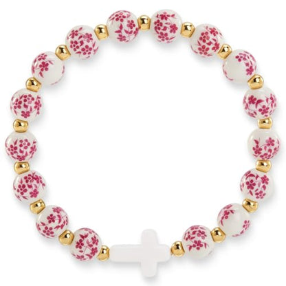 Cross Bracelet for Women - Christian Cross Beaded Bracelet Religious Jewelry for Women, Catholic Confirmation Gifts Inspirational Stretch with Charm, Meaningful Confirmation Jewelry Gifts - color: Rose Red