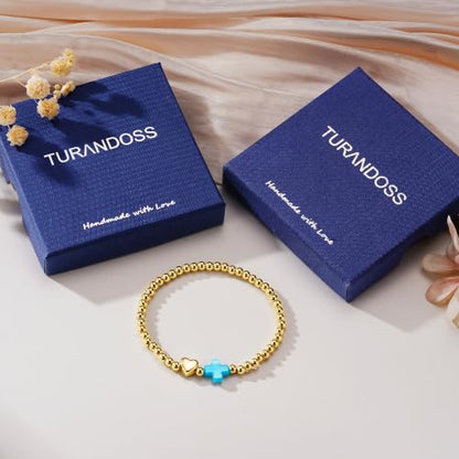 Turandoss Gold Cross Bracelet for Women Heart Beaded Bracelet Faith Jewelry - color: Turquoise Cross Bracelet