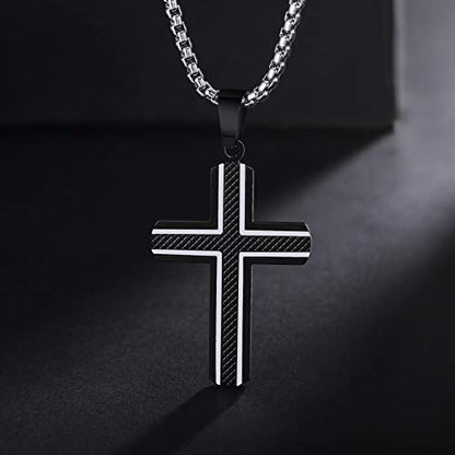 Men's Stainless Steel Cross Necklace,Two-Tone Black & Blue Carbon Fiber Pendant - Included Gift Box - style: Black & Silver XL004