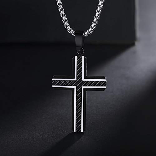 Men's Stainless Steel Cross Necklace,Two-Tone Black & Blue Carbon Fiber Pendant - Included Gift Box - style: Black & Silver XL004