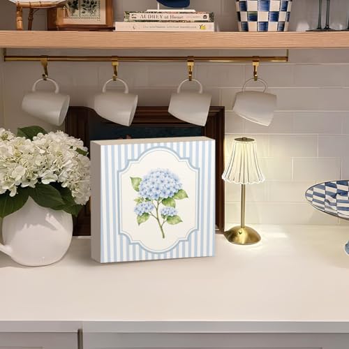 Blue Hydrangea Wooden Sign, Preppy Floral Wood Box Sign, - color: Flower-Hydrangea