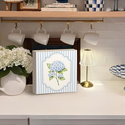 Blue Hydrangea Wooden Sign, Preppy Floral Wood Box Sign, - color: Flower-Hydrangea