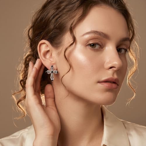 Sterling Silver Dainty Cross Earrings For Women, Christian Religious Faith Cubic Zirconia Stud Earrings - color: black zirconia