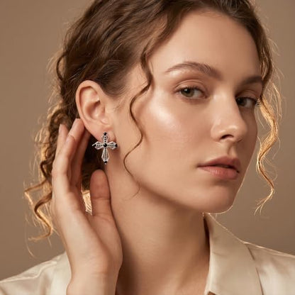 Sterling Silver Dainty Cross Earrings For Women, Christian Religious Faith Cubic Zirconia Stud Earrings - color: black zirconia