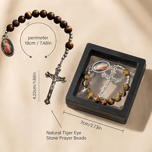 Catholic Pocket Rosary Decade – Natural Tiger Eye Stone Prayer Beads with Divine Mercy Medal & Metal Crucifix, Christian Pocket Rosary for Daily Prayer, Travel & Gifts