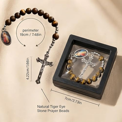 Catholic Pocket Rosary Decade – Natural Tiger Eye Stone Prayer Beads with Divine Mercy Medal & Metal Crucifix, Christian Pocket Rosary for Daily Prayer, Travel & Gifts
