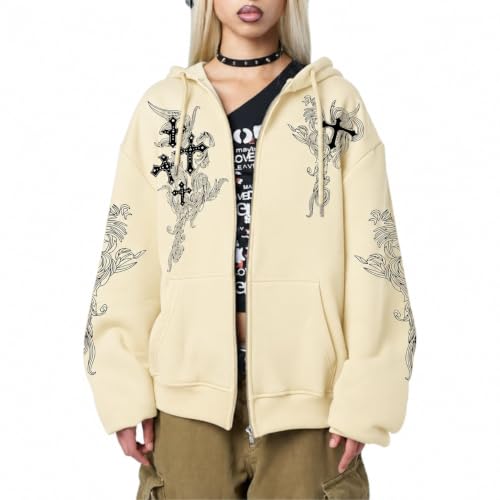 Zip Up Hoodies Y2k Jacket Graphic Gothic Jackets Grunge Cross Hoodie Baggy Streetwear Emo Sweater Aesthetic Clothes - color: Apricot, size: X-Large