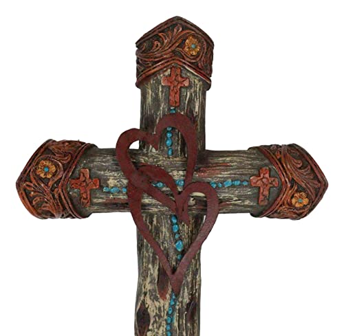 Ebros Gift Rustic Western Farmhouse Tooled 2 Intertwined Hearts Valentine Floral Scrollwork Turquoise Beads Wall Cross Decor Plaque Christian Catholic Decorative Accent Crosses