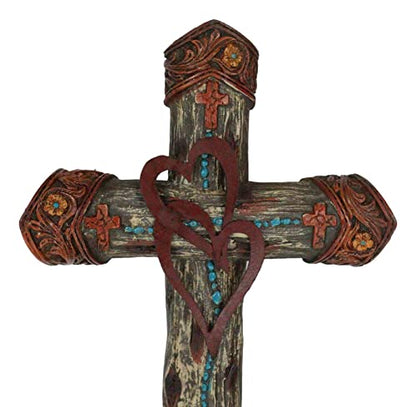 Ebros Gift Rustic Western Farmhouse Tooled 2 Intertwined Hearts Valentine Floral Scrollwork Turquoise Beads Wall Cross Decor Plaque Christian Catholic Decorative Accent Crosses
