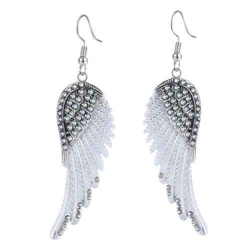 Angel Wings Dangle Earrings for Women Unique Rhinestones Copper Fairy Feather Guardian Dangle Drop Hook Womens Dangling Earrings Silver Plated Jewelry