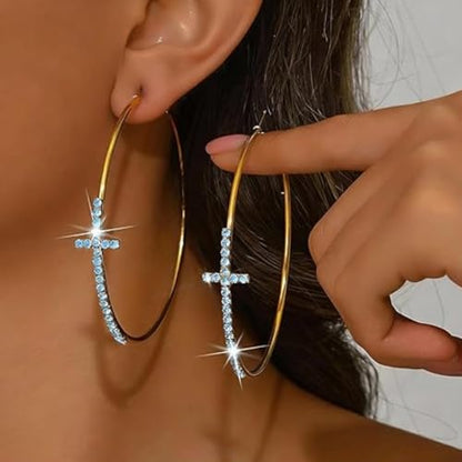 Large Cross Hoop Earrings for Women Sparkly Rhinestone Statement Jewelry for Prom Wedding Party Night Out Accessories Shiny Silver Tone Fashion Dangle Earings - color: Light Blue