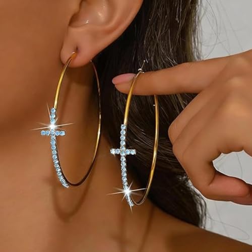 Large Cross Hoop Earrings for Women Sparkly Rhinestone Statement Jewelry for Prom Wedding Party Night Out Accessories Shiny Silver Tone Fashion Dangle Earings - color: Light Blue