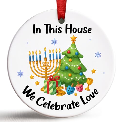 Hanukkah Christmas Ornament, in This House We Celebrate Love Interfaith Ornament 2026, Chrismukkah Decorations, Menorah and Tree Jewish Christian Family Holiday Keepsake Gift - color: In This House We Celebrate Love