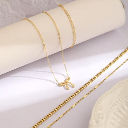 Layered Gold Necklace for Women, 14K Gold Plated Necklace Stack Set, Dainty Pendant Necklace Non Tarnish, Fashion Bow CZ Circle Star Hammered Cross Jewelry Gift for Women - color: Gold-06