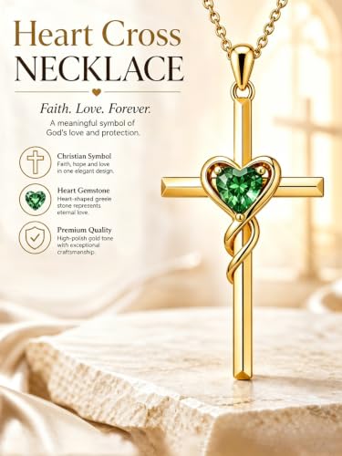 Birthstone Cross Necklace for Women 14K Gold Plated Heart Infinity Cross Pendant Necklace Christian Religious Jewelry Anniversary Birthday Gifts for Wife Mom Her - color: May/Emerald