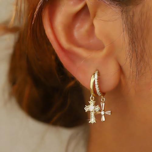 Double Huggie Hoop Earrings with Charms Cross Dangle Earrings Gold/Silver Double Cross Drop Hoop Earrings for Women Men Trendy - style: Style A-Gold
