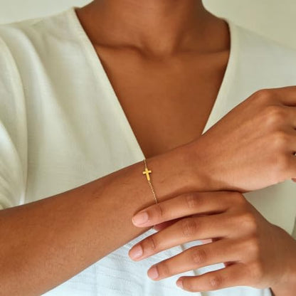 18K Gold Plated Pearl Beaded Cross Bracelets for Women Adjustable - color: Tiny Cross-Gold