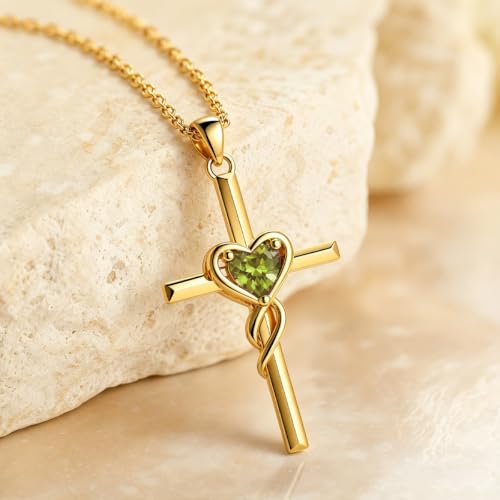Birthstone Cross Necklace for Women 14K Gold Plated Heart Infinity Cross Pendant Necklace Christian Religious Jewelry Anniversary Birthday Gifts for Wife Mom Her - color: Aug/Peridot